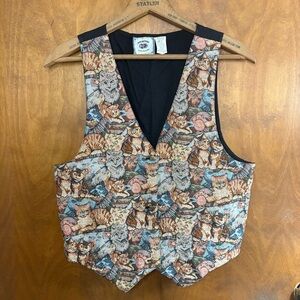 Vintage Cat Tapestry Patchwork Vest Retro Y2K 90s Cottagecore Grandma Kitty Mod